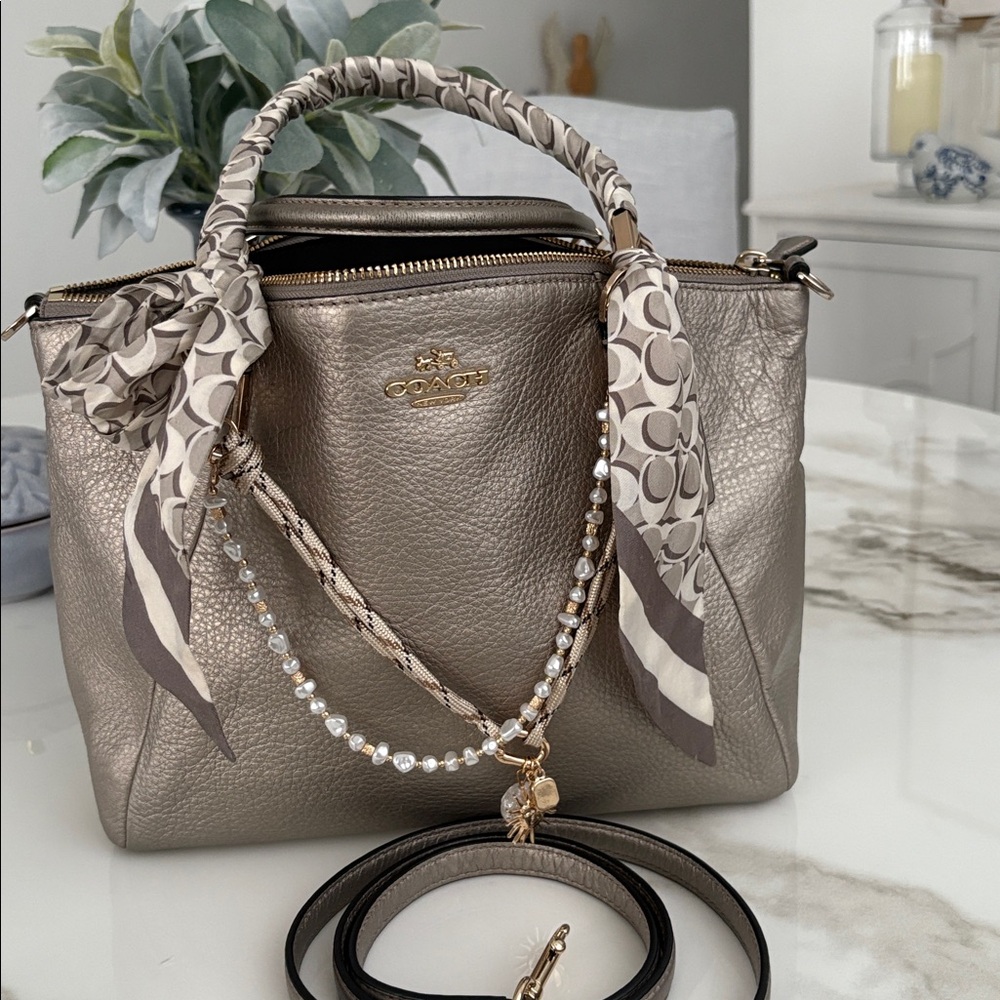 Coach Metallic Silver Leather Satchel with Removable Strap